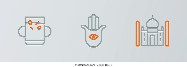 Set line Taj Mahal, Cup of tea and leaf and Hamsa hand icon. Vector