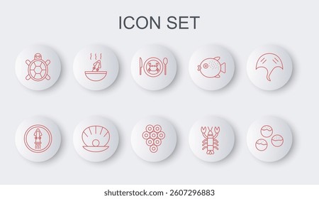 Set line Takoyaki, Octopus on plate, Served crab, Lobster, Turtle, Soup with octopus, Shell pearl and Caviar icon. Vector