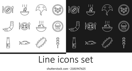 Set line Takoyaki on a stick, Jellyfish plate, Stingray, Served crab, Shrimp, cucumber, Puffer soup and Soup with octopus icon. Vector
