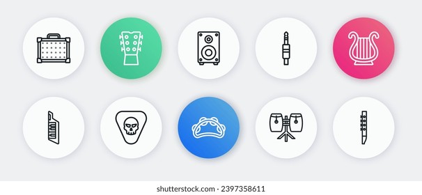 Set line Tambourine, Ancient Greek lyre, Keytar, Conga drums, Audio jack, Stereo speaker, Flute and Guitar pick icon. Vector