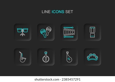 Set line Tambourine, Bandura, Banjo, Saxophone, African djembe drum, Xylophone, Maracas and Bongo icon. Vector