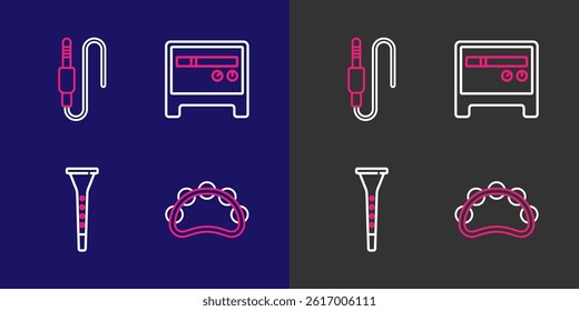 Set line Tambourine, Clarinet, Guitar amplifier and Audio jack icon. Vector