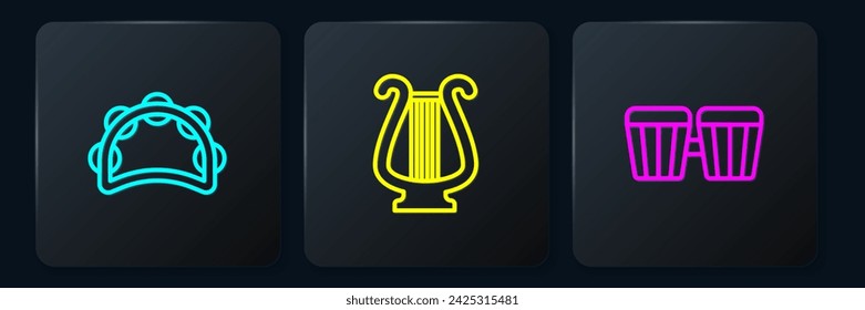 Set line Tambourine, Drum and Ancient lyre. Black square button. Vector