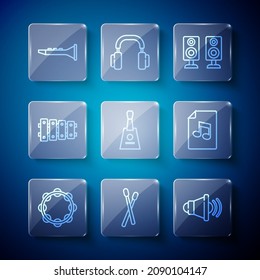 Set line Tambourine, Drum sticks, Speaker volume, Stereo speaker, Balalaika, Xylophone, Clarinet and Music book with note icon. Vector