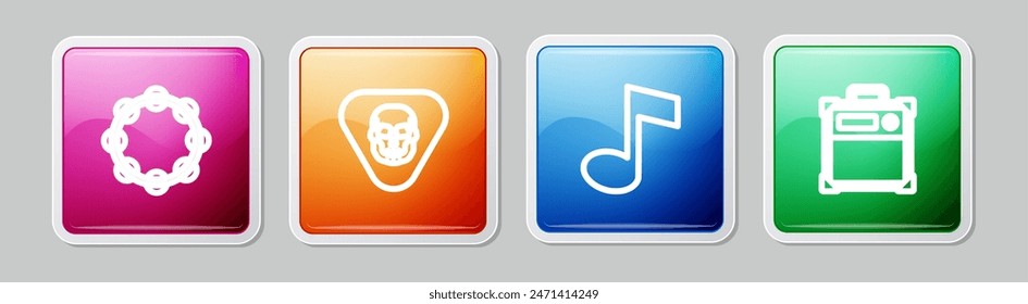 Set line Tambourine, Guitar pick, Music note, tone and amplifier. Colorful square button. Vector