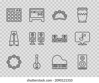 Set line Tambourine, Stereo speaker, Banjo, Drum machine, Grand piano and Musical note icon. Vector