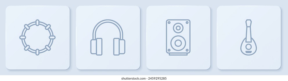 Set line Tambourine, Stereo speaker, Headphones and Guitar. White square button. Vector