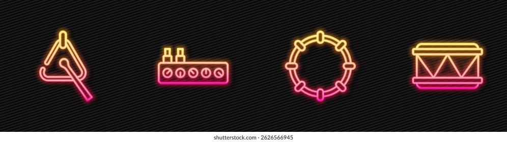 Set line Tambourine, Triangle, Sound mixer controller and Drum. Glowing neon icon. Vector