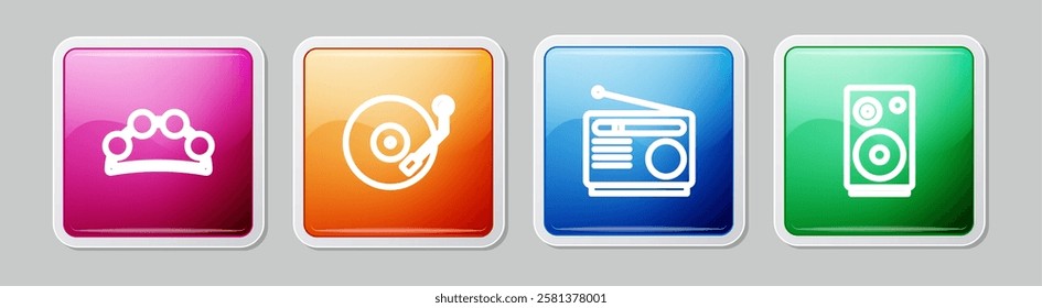 Set line Tambourine, Vinyl player, Radio and Stereo speaker. Colorful square button. Vector