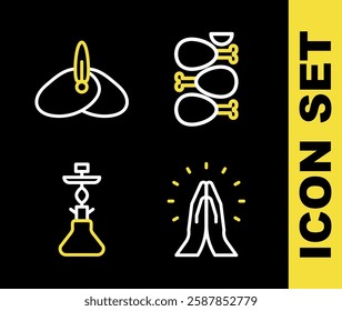 Set line Tandoori chicken, Hands in praying position, Hookah and Indian headgear turban icon. Vector