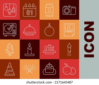 Set line Tangerine, Firework rocket, Christmas postcard, Beer can, covered with tray, Vinyl player vinyl disk, lights and ball icon. Vector