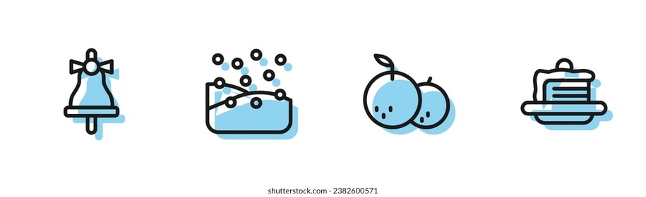 Set line Tangerine, Merry Christmas ringing bell, Snowfall and Cake icon. Vector