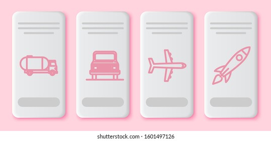 Set line Tanker truck, Car, Plane and Rocket ship with fire. White rectangle button. Vector