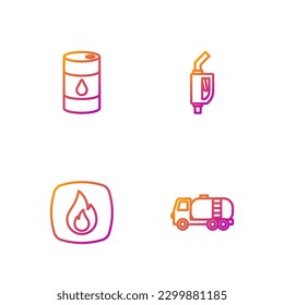 Set line Tanker truck, Fire flame, Barrel oil and Gasoline pump nozzle. Gradient color icons. Vector