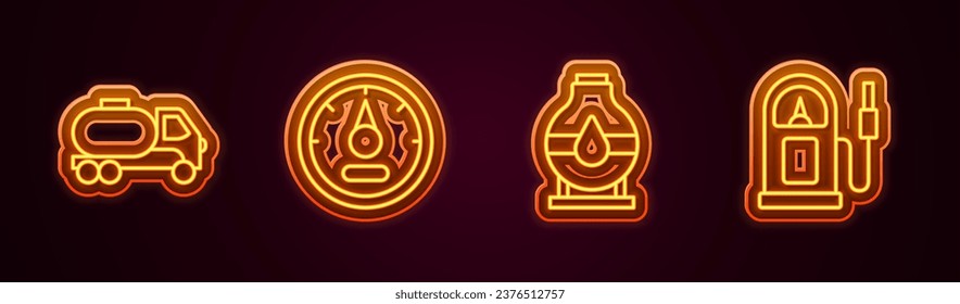 Set line Tanker truck, Motor gas gauge, Oil tank storage and Petrol station. Glowing neon icon. Vector