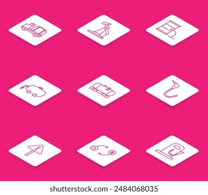 Set line Tanker truck, Oil pump or pump jack, Barrel oil leak, industrial factory building, railway cistern, Gasoline nozzle, Exclamation mark triangle and exchange icon. Vector