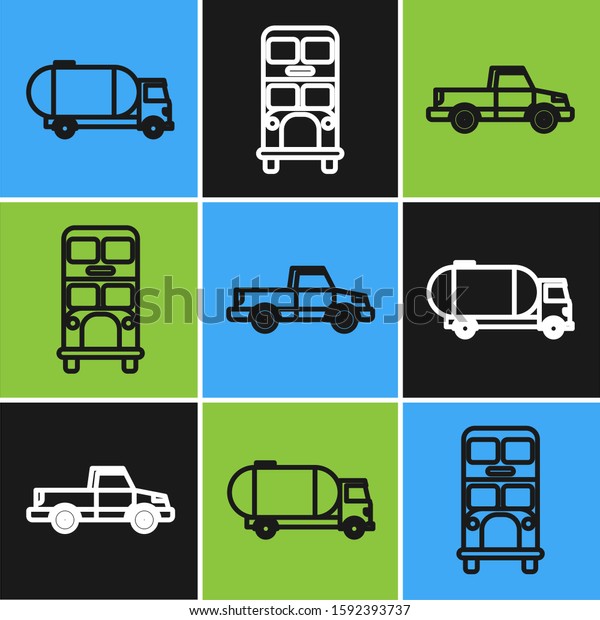 Set line Tanker truck, Pickup truck and Double\
decker bus icon. Vector