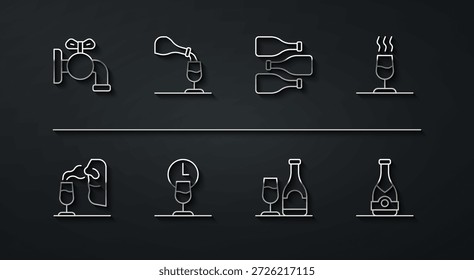 Set line Tap para um barril, Sommelier, degustação de vinhos, degustação, garrafa com vidro, tempo, champanhe e garrafas de ícone de vinho. Vetor