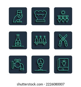 Set line Tap for a barrel, Wine time, Book about grapes, Drying, Bottle of wine, Champagne bottle, tasting, degustation and Gardening scissors icon. Vector