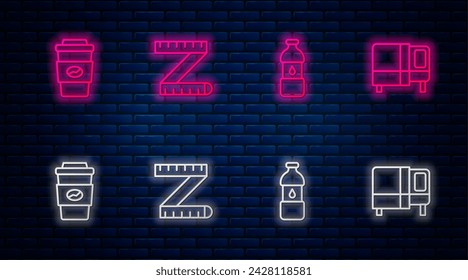Set line Tape measure, Bottle of water, Coffee cup to go and Bed. Glowing neon icon on brick wall. Vector