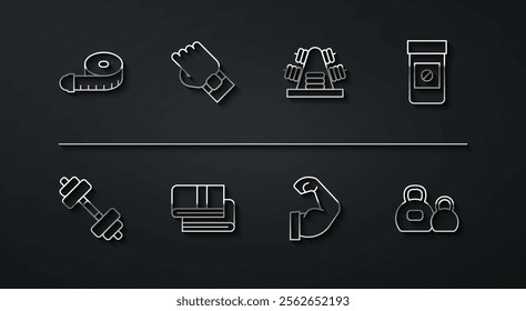 Set line Tape measure, Dumbbell, Anabolic drugs, Bodybuilder muscle, Towel stack, Smart watch on hand, Kettlebell and Metal rack with weights icon. Vector