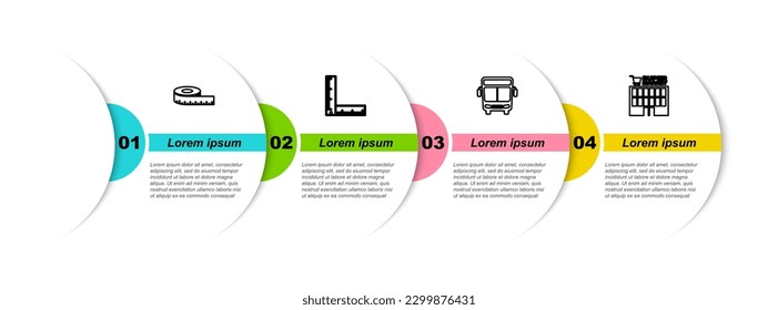 Set line Tape measure, Folding ruler, Bus and Supermarket building. Business infographic template. Vector