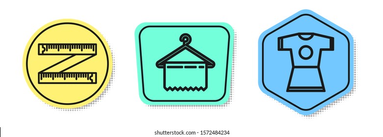 Set line Tape measure, Hanger wardrobe and Woman dress. Colored shapes. Vector
