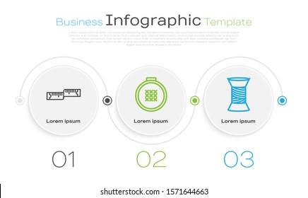 Set line Tape measure, Round adjustable embroidery hoop and Sewing thread on spool. Business infographic template. Vector