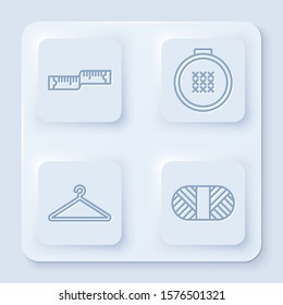 Set line Tape measure, Round adjustable embroidery hoop, Hanger wardrobe and Sewing thread on spool. White square button. Vector