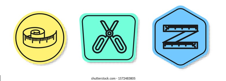 Set line Tape measure, Scissors and Tape measure. Colored shapes. Vector