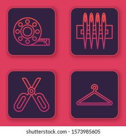 Set line Tape measure, Scissors, Needle for sewing and Hanger wardrobe. Blue square button. Vector