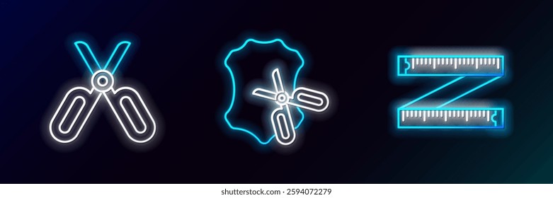 Set line Tape measure, Scissors and and leather icon. Glowing neon. Vector