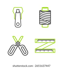 Definir a linha Medida da fita, Tesoura, Linha de costura no spool e ícone de zíper. Vetor