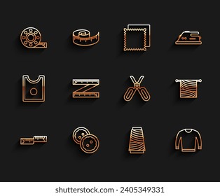 Set line Tape measure, Sewing button for clothes, thread spool, Sweater, Knitting and Scissors icon. Vector