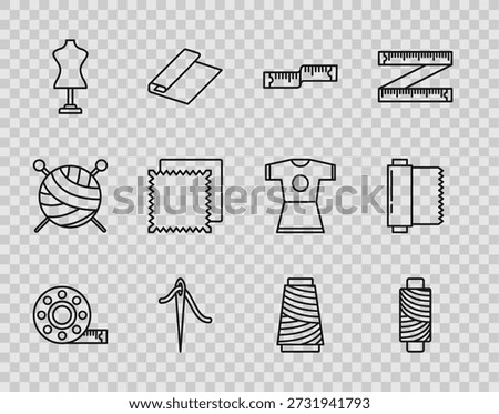 Set line Tape measure, Sewing thread on spool, Needle for sewing with, Mannequin, Textile fabric roll,  and  icon. Vector