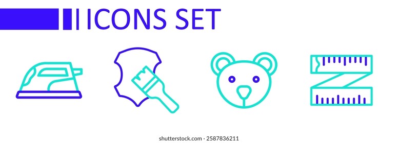 Set line Tape measure, Teddy bear plush toy, Leather and Electric iron icon. Vector