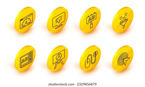 Set line Target, Advertising, Board with graph chart, Lead management, Dislike speech bubble and Website statistic icon. Vector