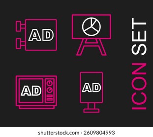 Set line Target, Advertising, Board with graph chart and  icon. Vector