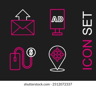 Set line Target, Advertising,  and Mail and e-mail icon. Vector