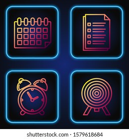 Set line Target, Alarm clock, Calendar and File document. Gradient color icons. Vector