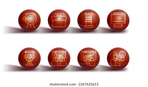 Set line Target with arrow, Award cup, Computer monitor, Training, presentation, Briefcase, Human lamp bulb and Business strategy icon. Vector