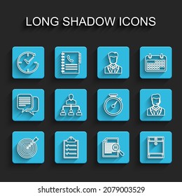 Set line Target with arrow, Clipboard checklist, Clock, Document search, Envelope, Referral marketing, Man headset and Stopwatch icon. Vector
