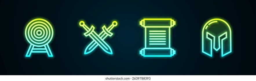 Set line Target with arrow, Crossed medieval sword, Decree, parchment, scroll and Medieval iron helmet. Glowing neon icon. Vector