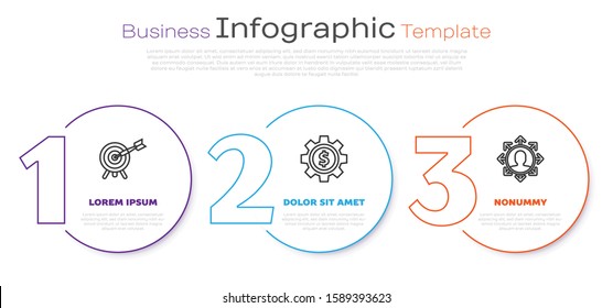 Set line Target with arrow, Gear with dollar symbol and Project team base. Business infographic template. Vector
