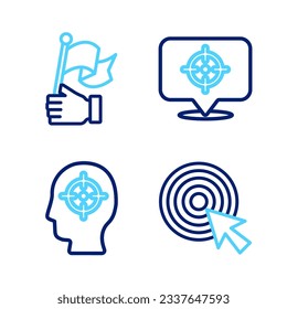 Set line Target with arrow, Head hunting,  and Hand holding flag icon. Vector