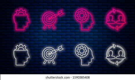 Set line Target with arrow, Human head with gear inside, Human with gear inside and Human resources. Glowing neon icon on brick wall. Vector
