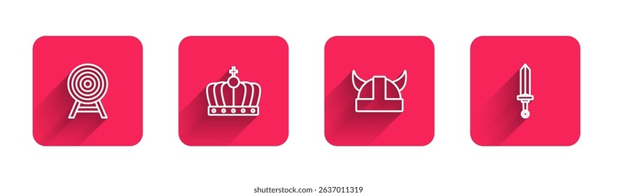 Set line Target with arrow, King crown, Viking horned helmet and Medieval sword with long shadow. Red square button. Vector