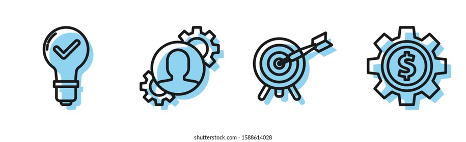 Set line Target with arrow, Light bulb and check mark, Human with gear inside and Gear with dollar symbol icon. Vector