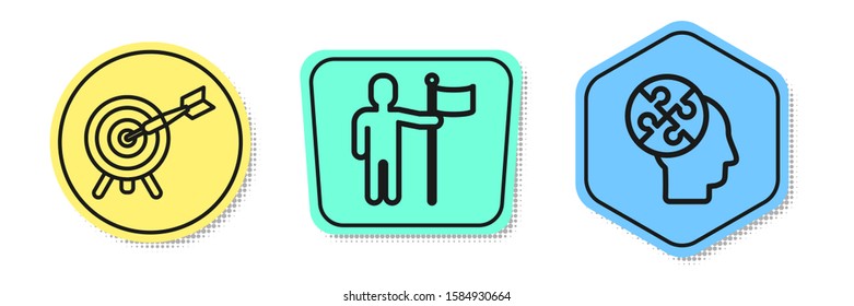 Set line Target with arrow, Man holding flag and Human head puzzles strategy. Colored shapes. Vector