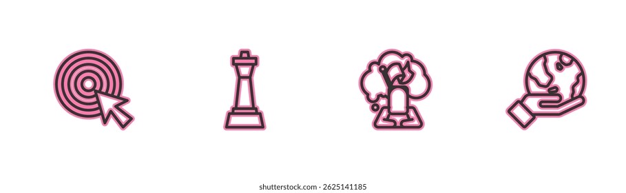 Set line Target with arrow, Man holding flag, Chess and Hand Earth globe icon. Vector